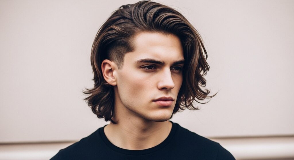 The long hair on the top of the head is straight, and low taper with a clean side fade.