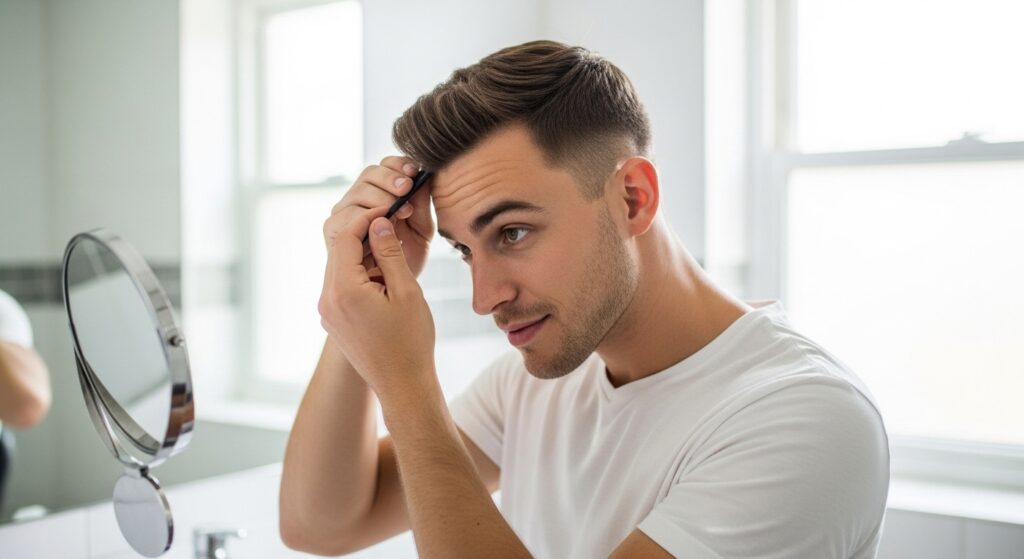 At-home buzz cut fade maintenance with mirror.
