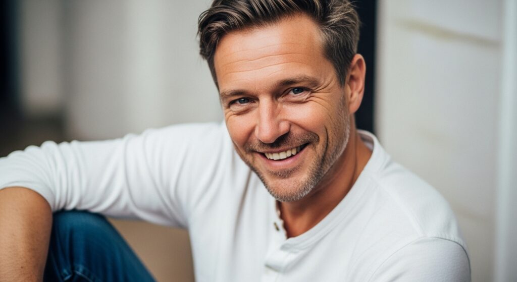 A minimal-styling-messy but stylish short haircut, with a guy, casual portrait.