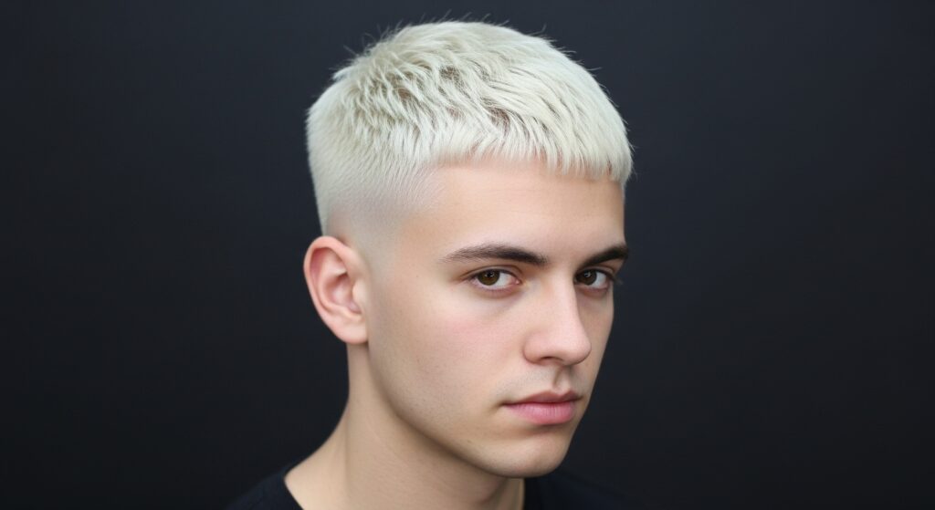 Dyed buzz cut with bold fade styling.