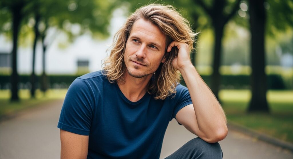 Long wavy hairstyle on man with diamond shaped face