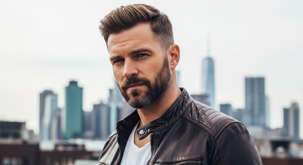 Diamond face shape with short hairstyle and full beard