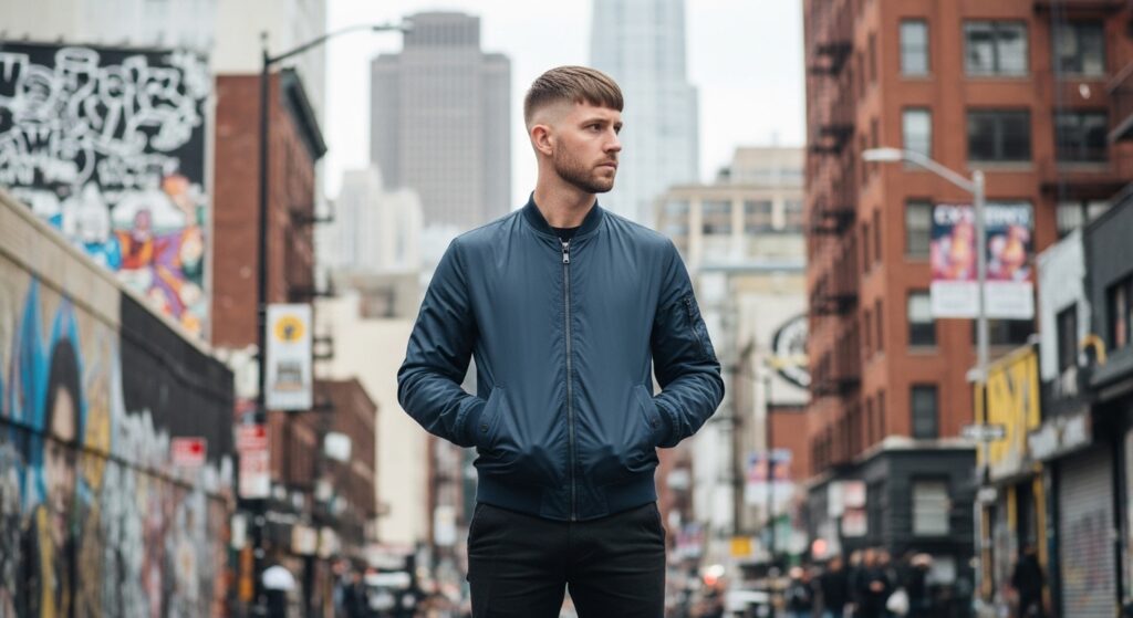Straight hair short crop on man, city background.