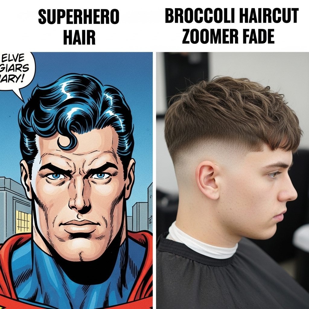 funny broccoli haircut meme comparing curly fade to superhero hairstyle