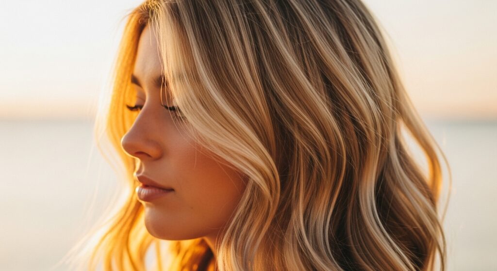 Woman with sunlit honey blonde beach waves.