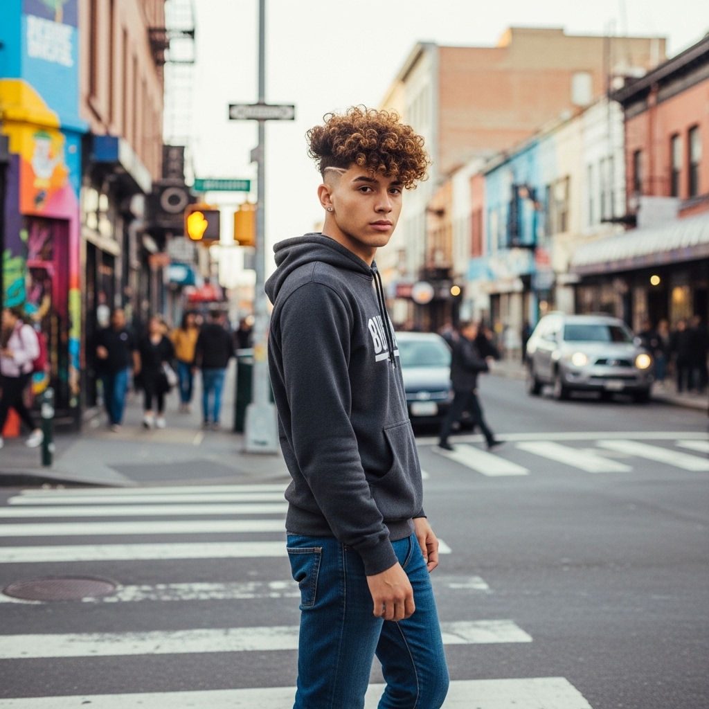 broccoli haircut male with tight fade and curly top in urban setting
