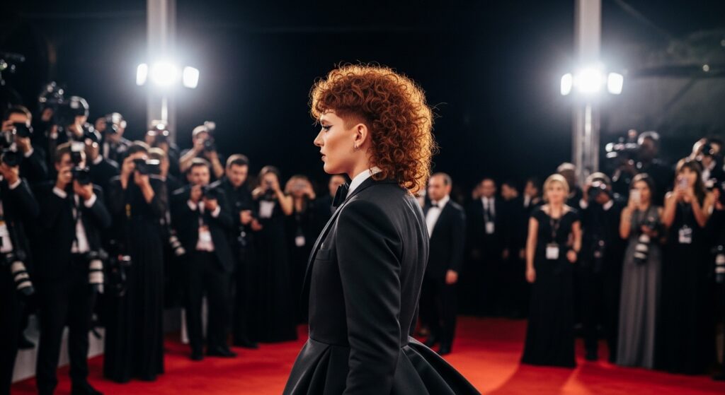 showing red carpet look featuring a curly mullet hairstyle