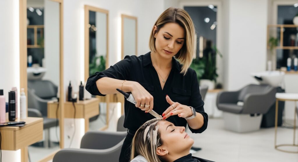 Hairdresser bleaching the client's hair for a honey blonde base.
