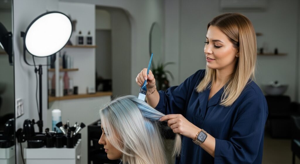 Professional stylist toning honey blonde hair.