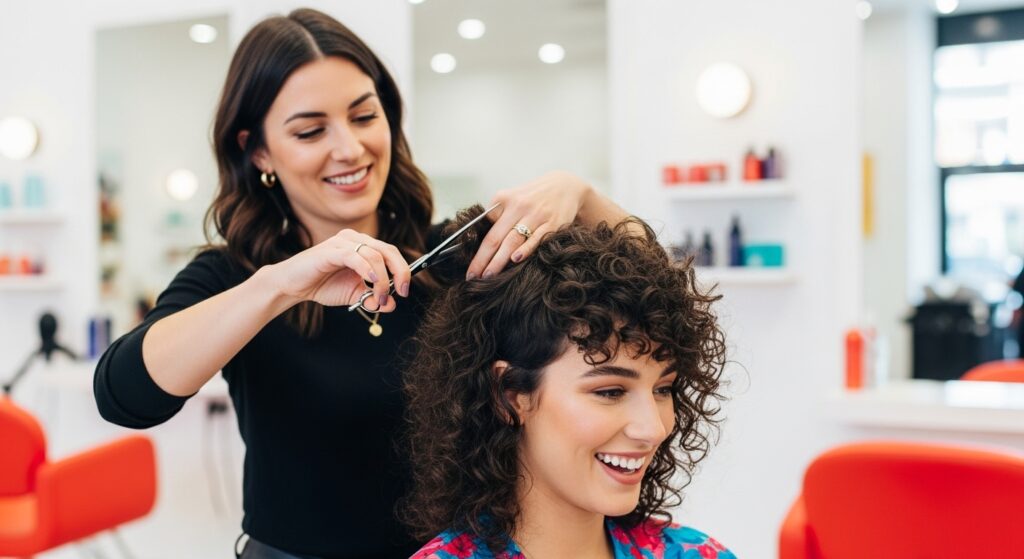 showing stylist shaping a curly mullet at a salon