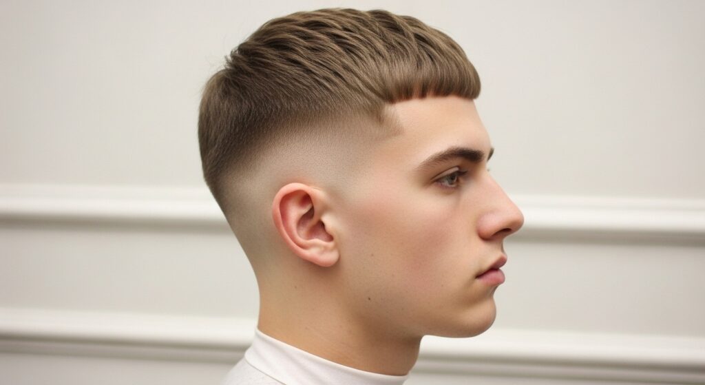  Gentle fade on straight hair with a clean low taper cut.