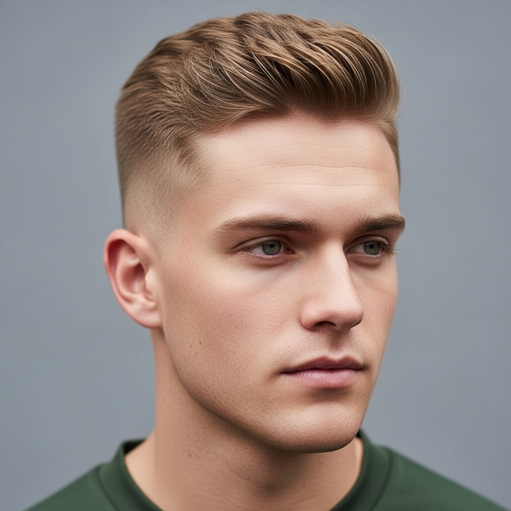 crew cut hairstyle that is characterized by things like a strong jawline and the look usually kept neat