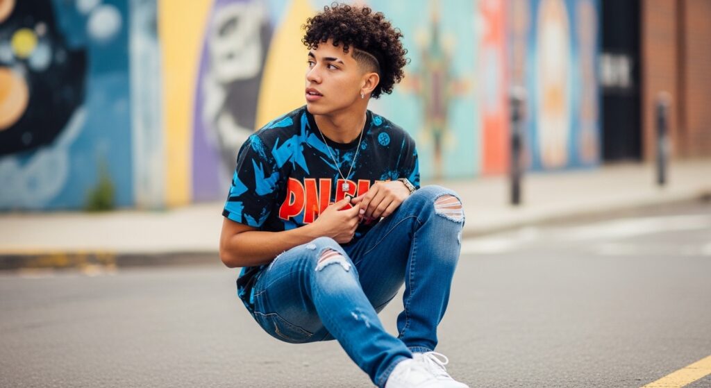 Short curly haircut for men with a fade, street style clothes.
