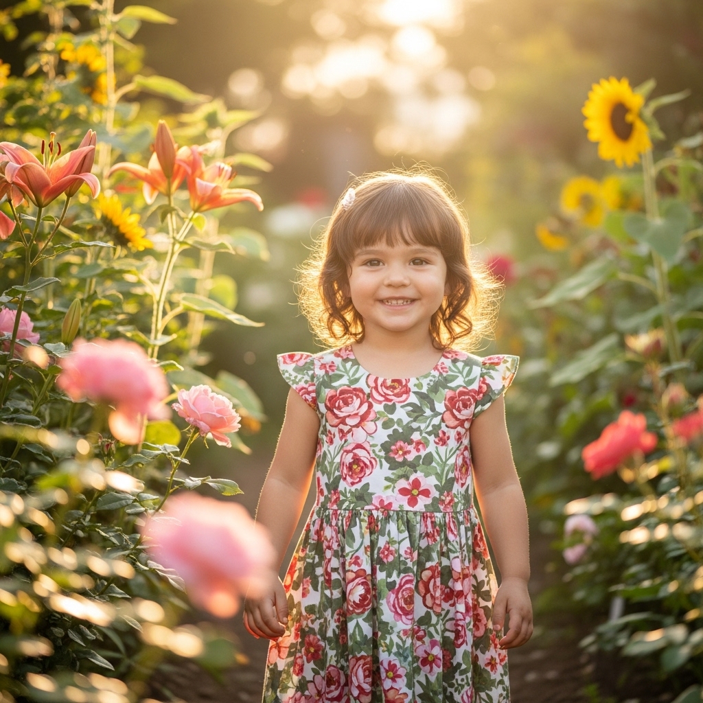 Little girl with curly medium-length hair playing outside