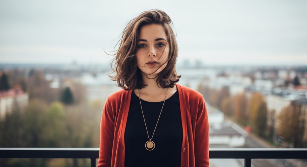 An informal girl who is demonstrating her love for shoulder length hair. She is a teenager who is standing in a balcony dressed casually and has her hair blown by the wind.
