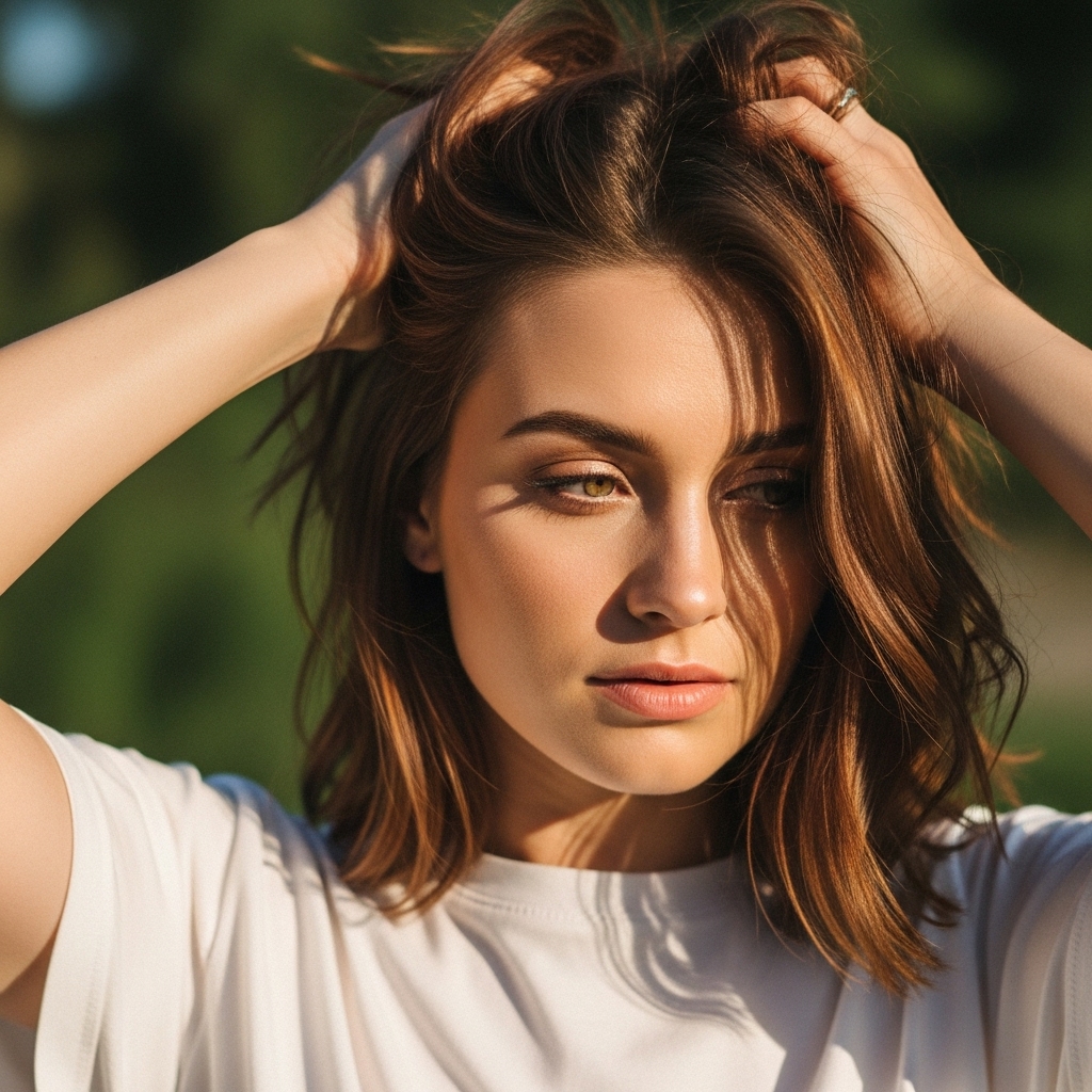 Woman showing off feathery medium haircut, casual and fresh