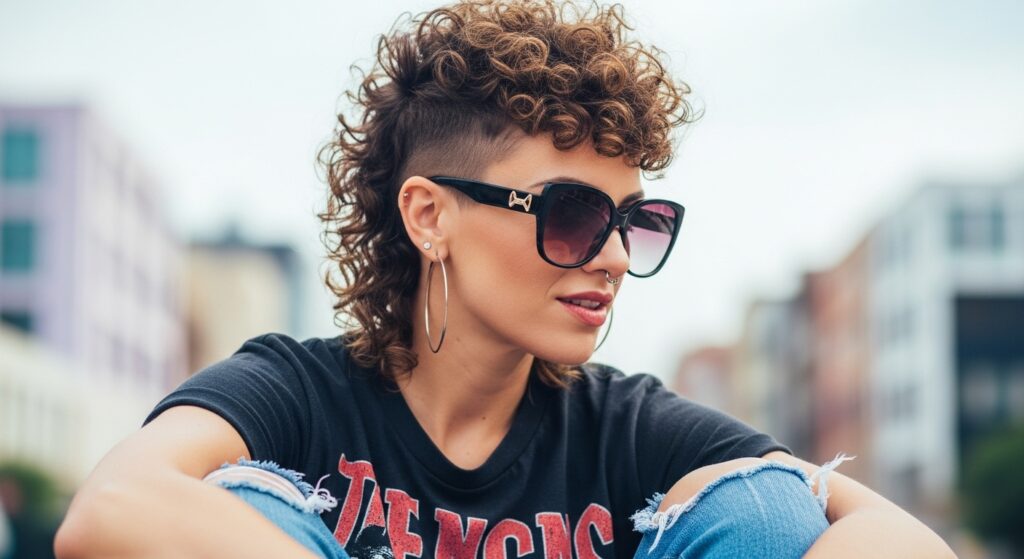 An image depicting a woman with a short curly mullet and sunglasses