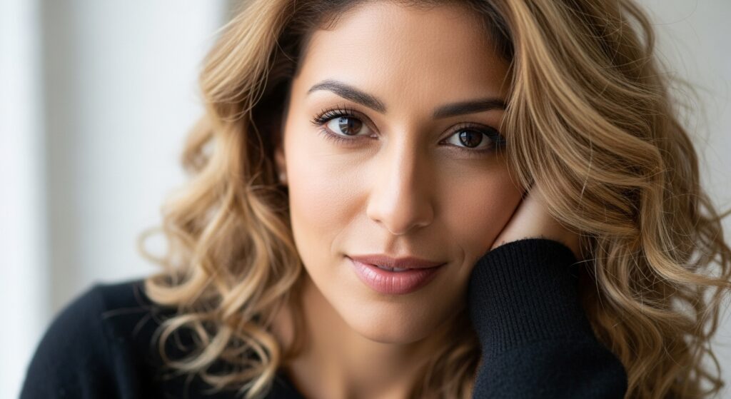 Olive-skinned woman with honey blonde waves.