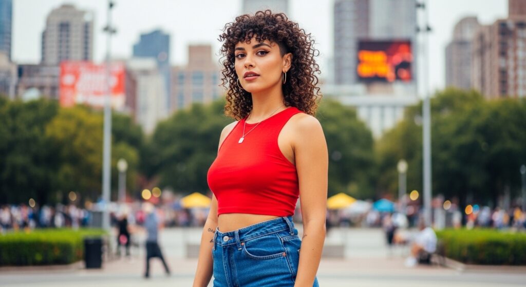 woman with shoulder-length curly mullet posing outdoors