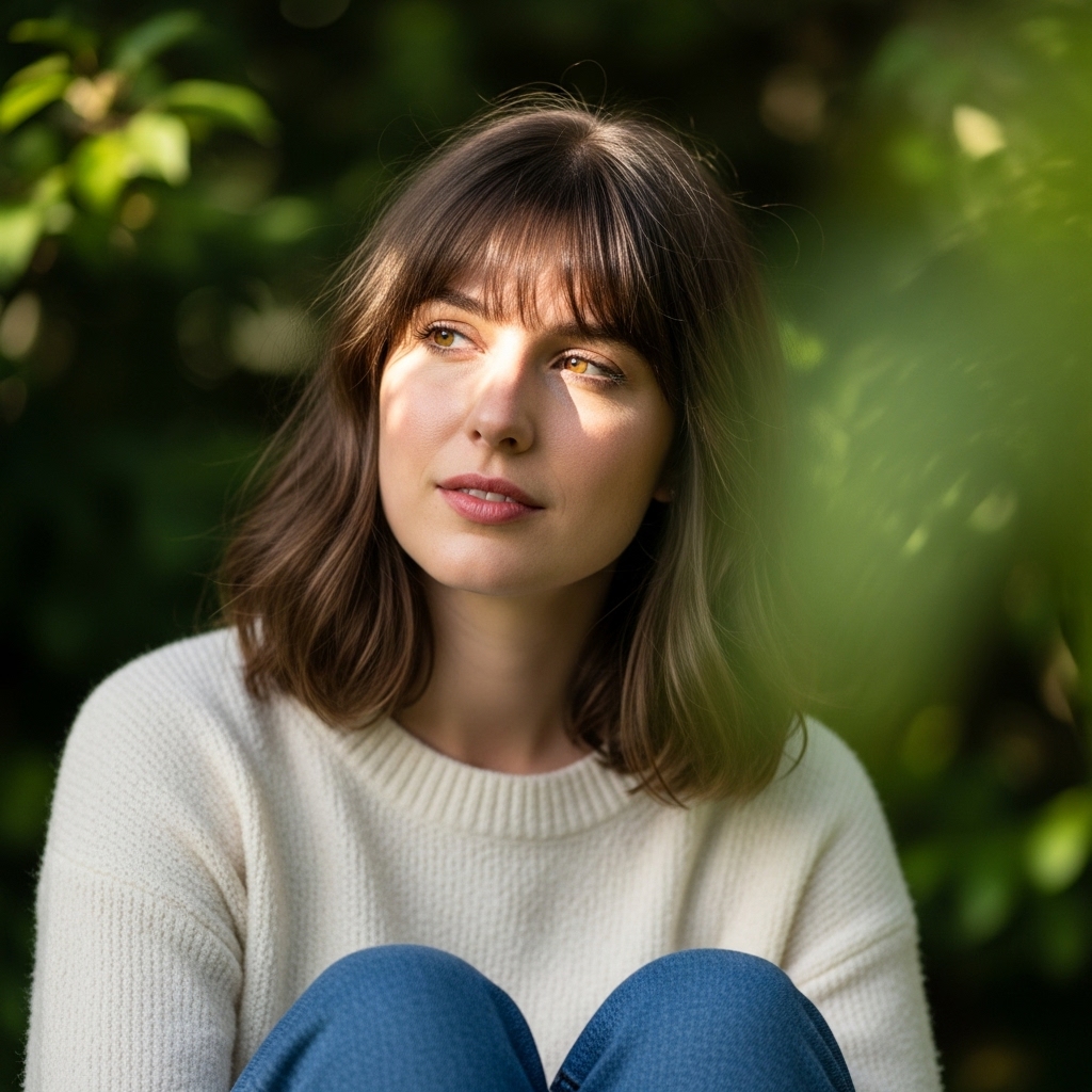 Woman with medium haircut and soft curtain bangs looking relaxed