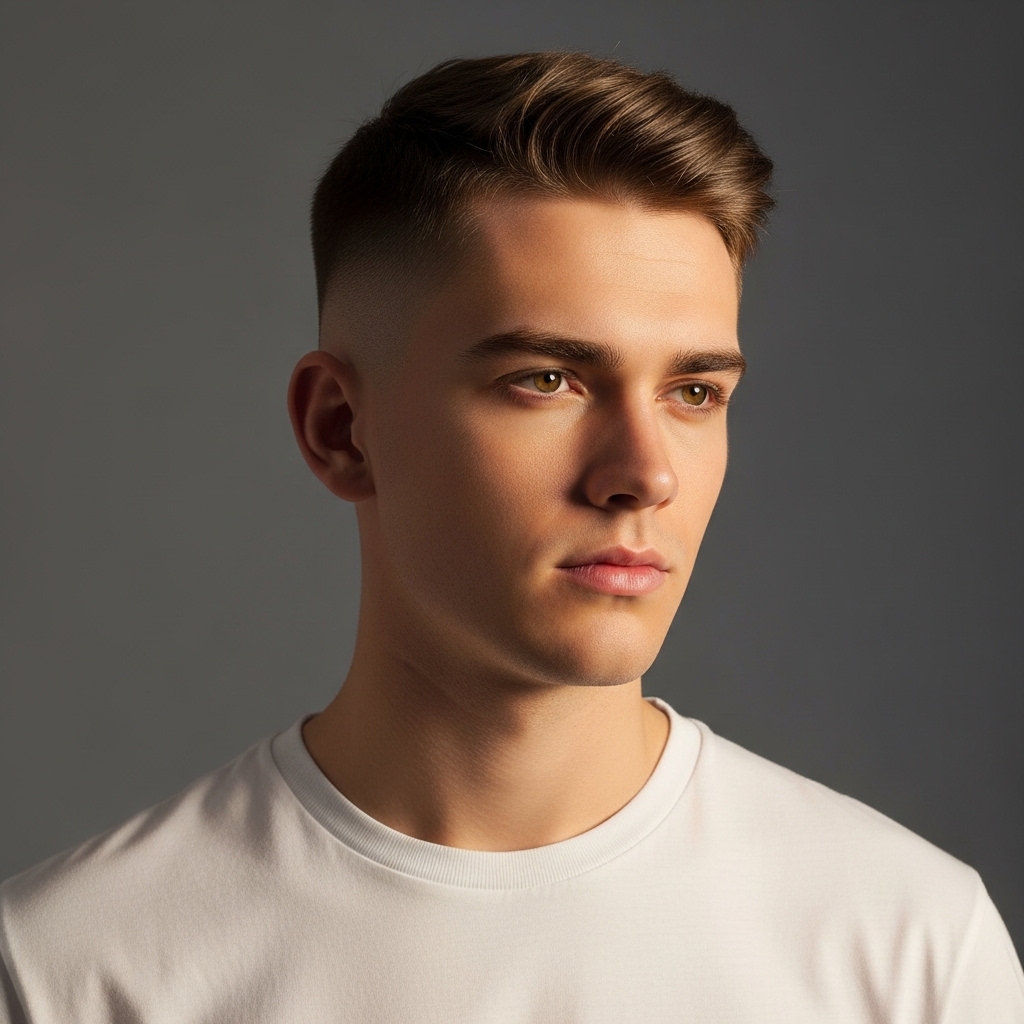 a classic crew cut; perfect clean silhouette of the hairstyle from the front