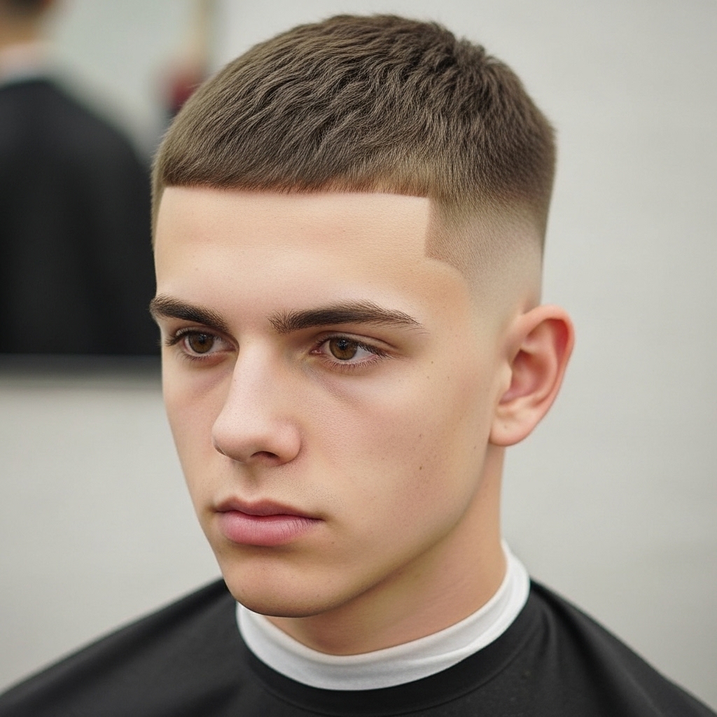 a crew cut is a fade cut that is low and makes for the change from temples to the neck look smooth