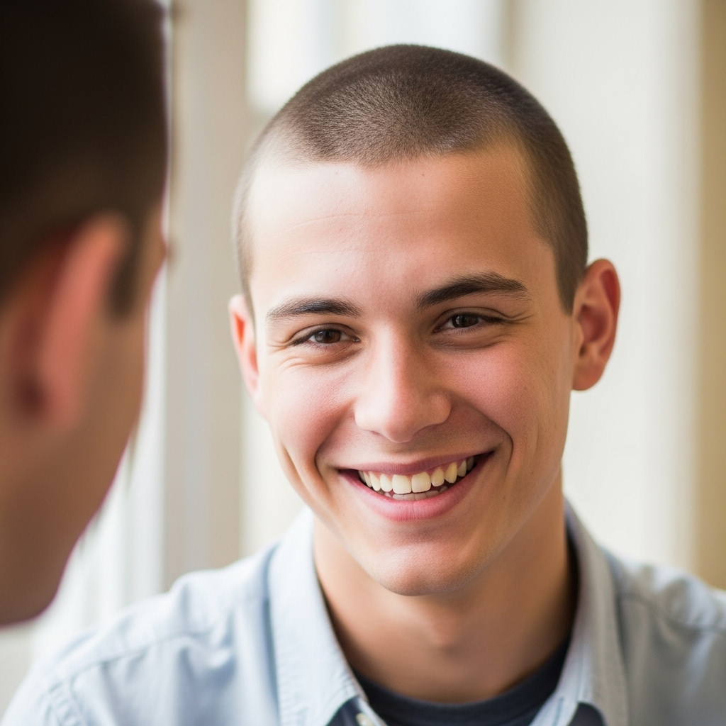 Short on the sides, a crisp crew cut