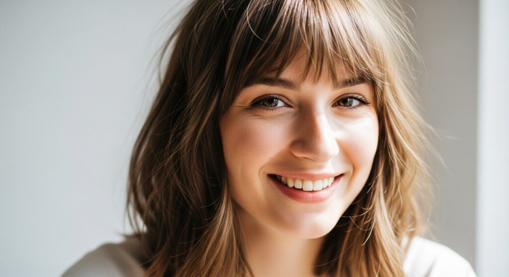 Shoulder length haircut with curtain bangs.