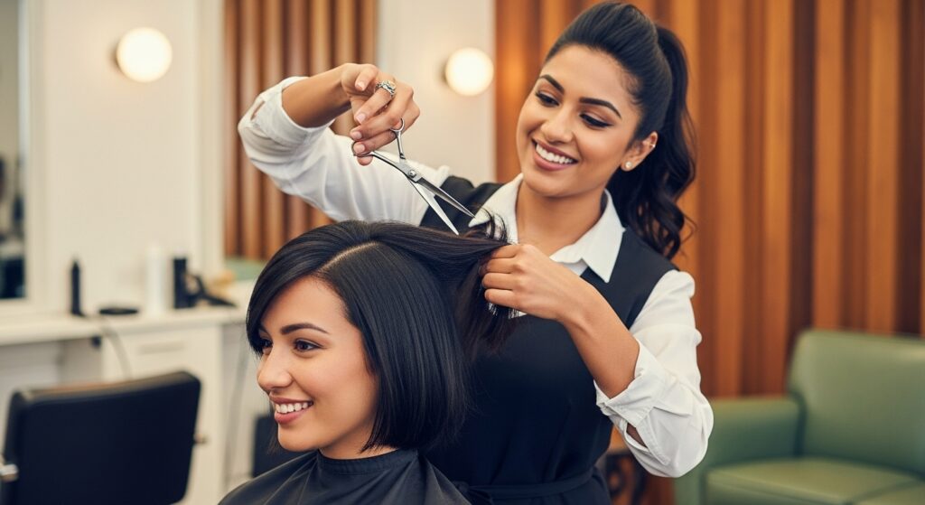 : Layered shoulder length haircut for thin hair.