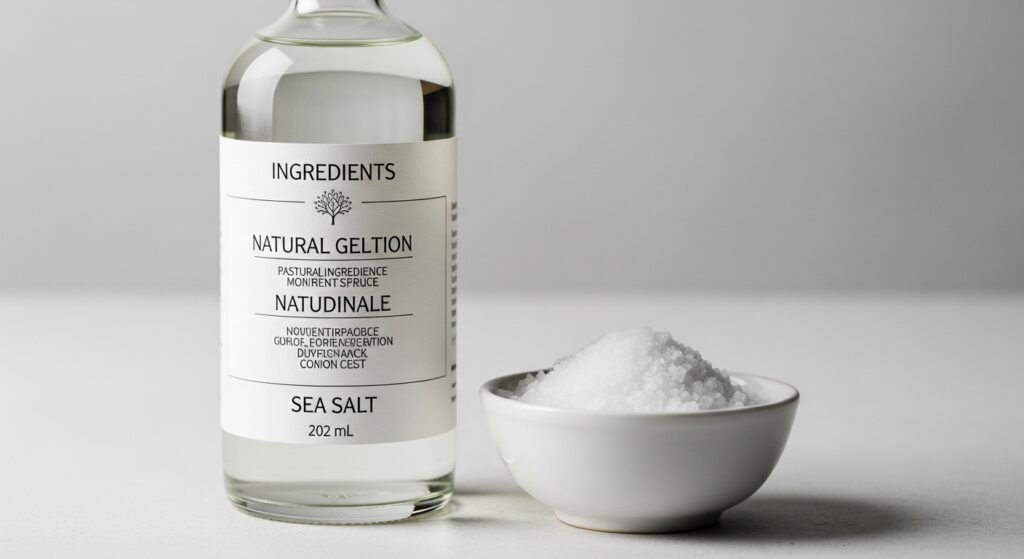 Natural sea salt spray bottle with visible ingredients