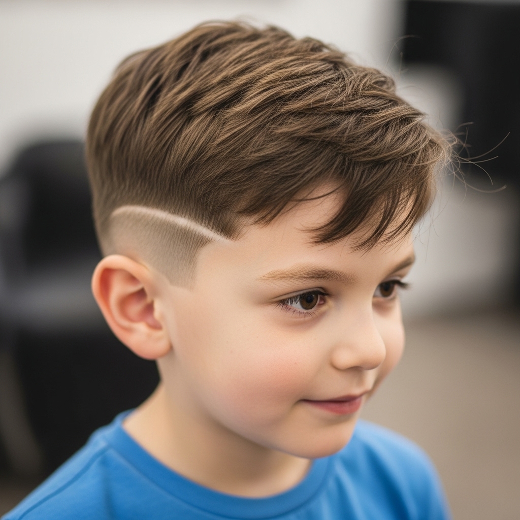 Little kid with brown hair showing generous texture and a splendid taper fade on the sides