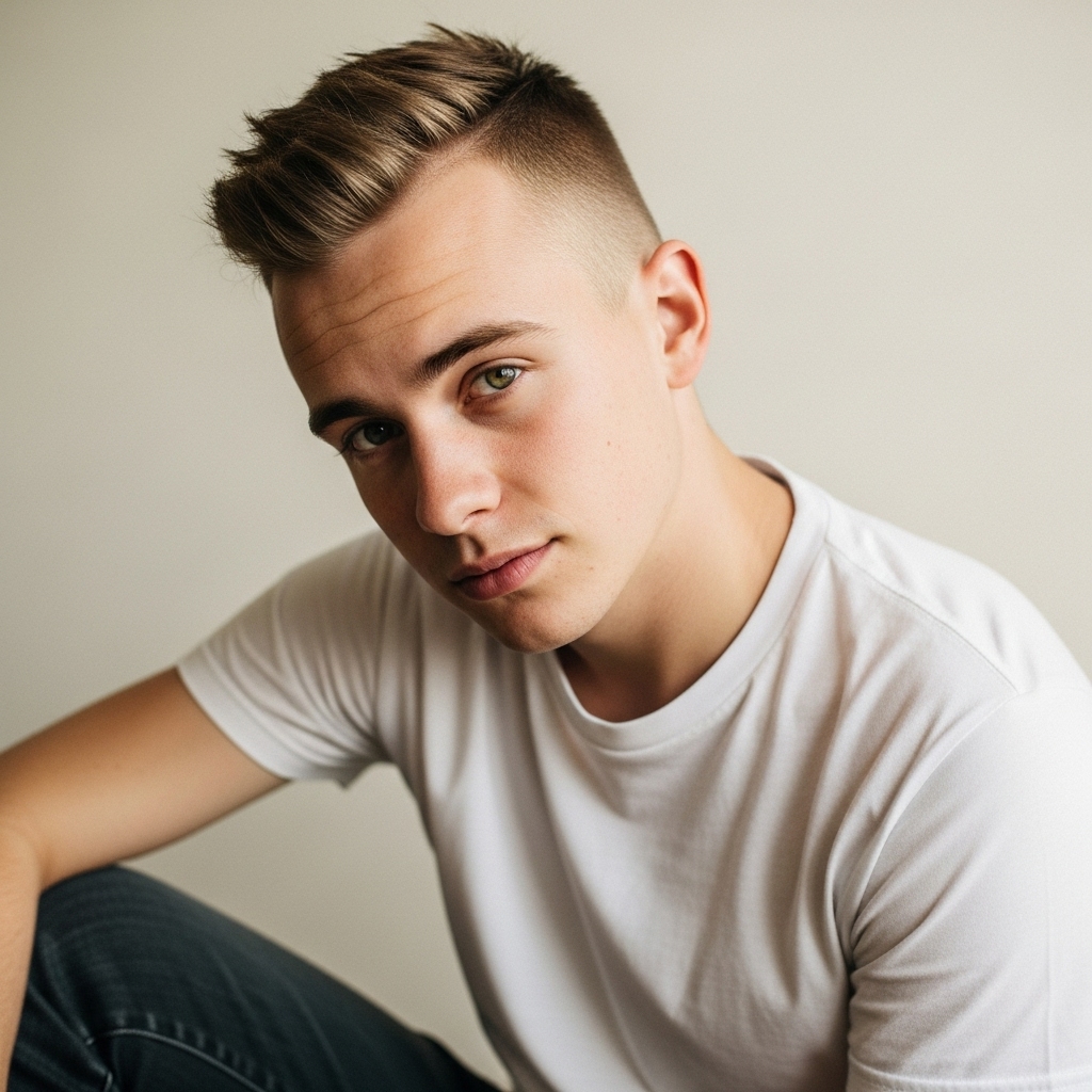 Guy with a receding hairline and high faded crew cut