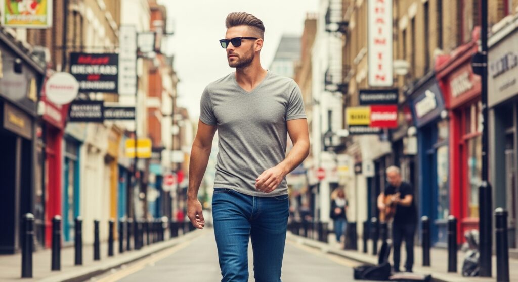 A mister who is walking down the street, sporting a short, textured hair, and sunglasses is talking about his stylish haircut.