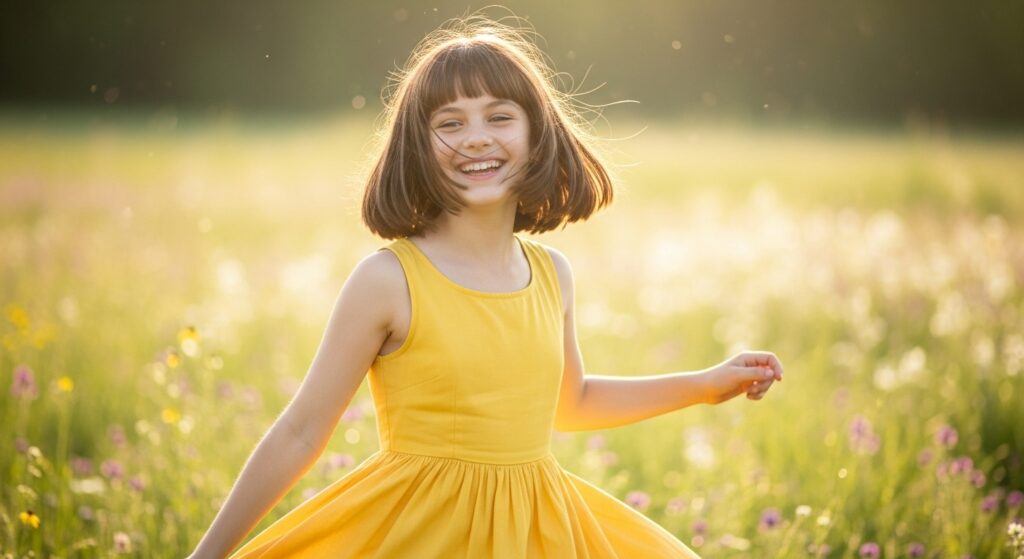 Shoulder length cut with the bangs on the short side but suitable for a chi