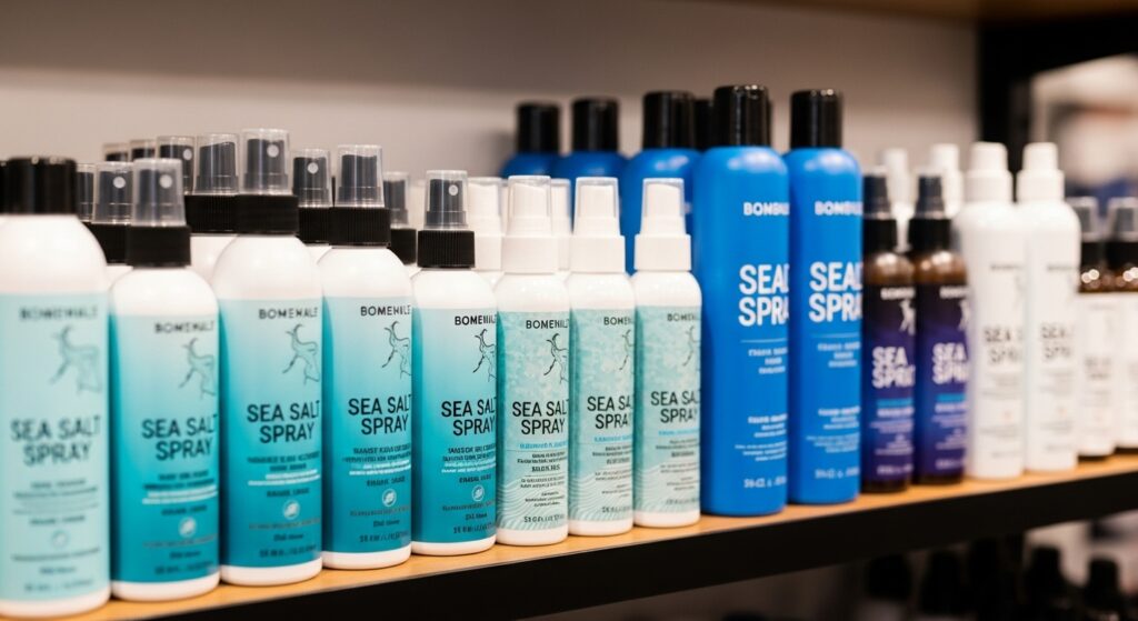 Sea salt spray products arranged on a bathroom shelf