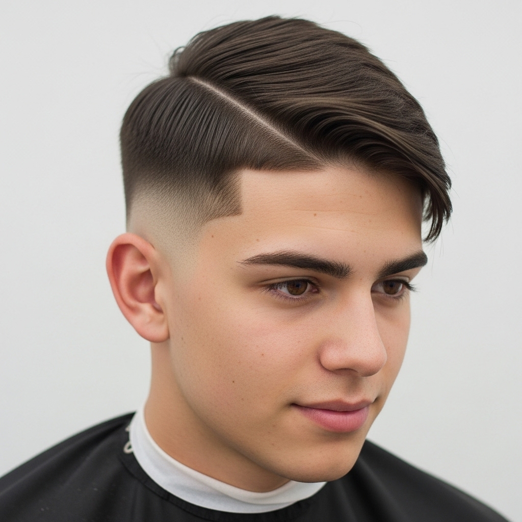 side swept crew cut with the fade on the side and that good part involved is the shot