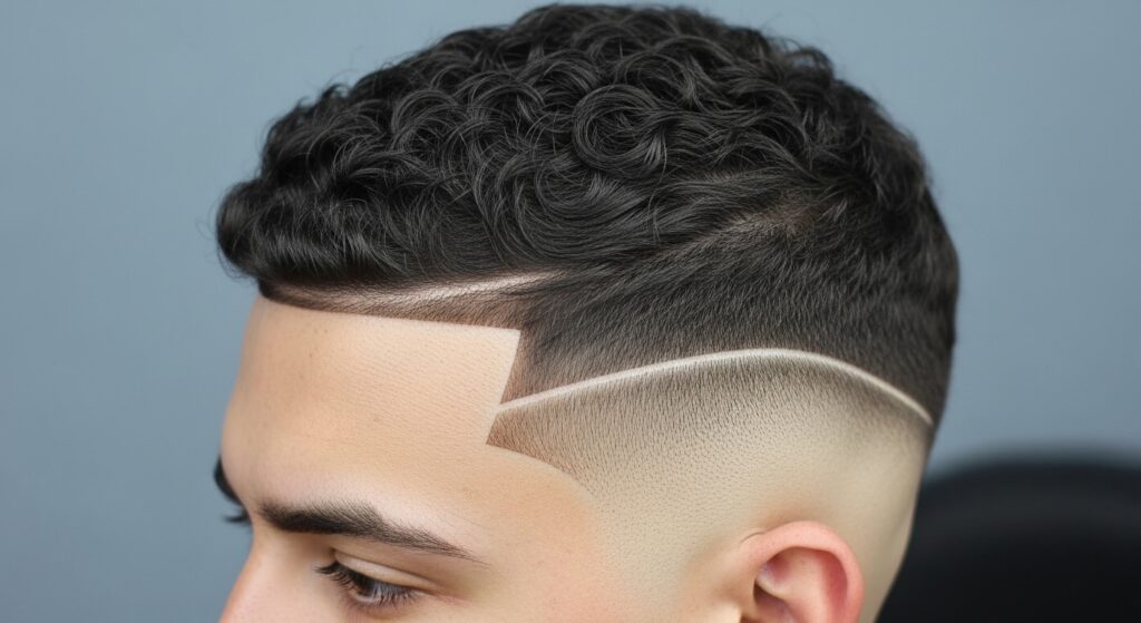 Buzz cut fade on curling hair with lineup.