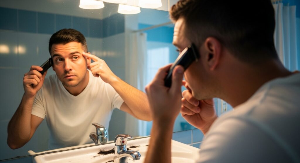 A man using a beard trimmer to shape sideburns in front of the mirror
