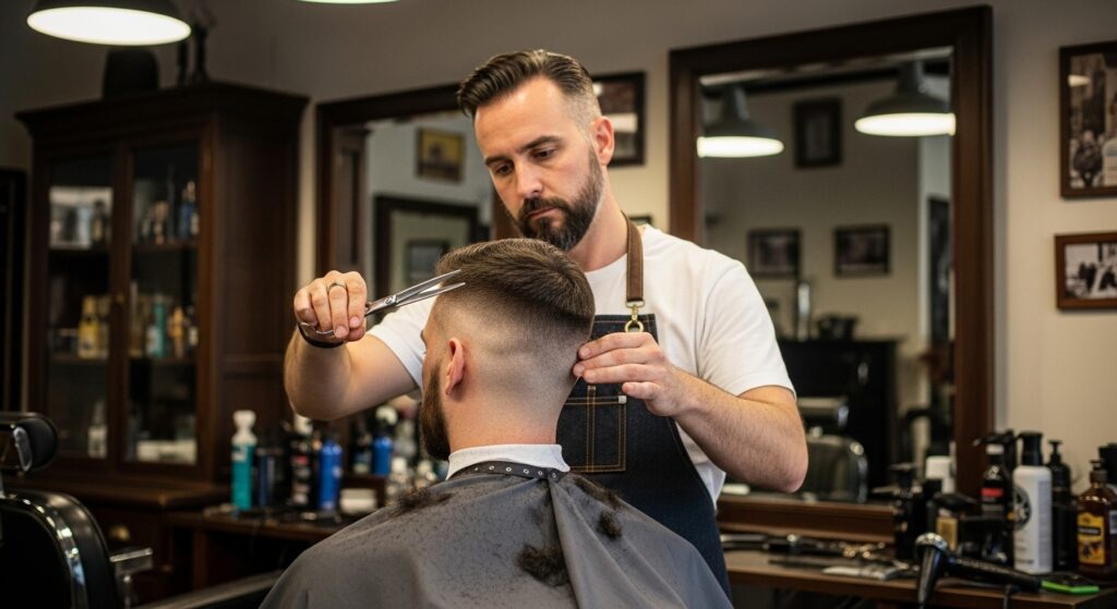 “barber maintaining mid skin fade with clippers”
