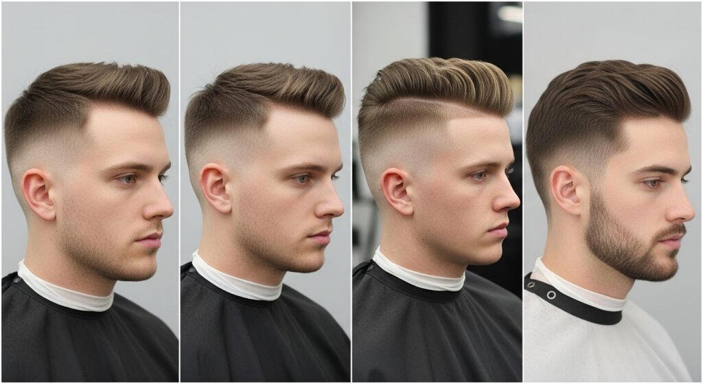 different types of fade haircut for men side by side low, mid, high, skin fade, and taper