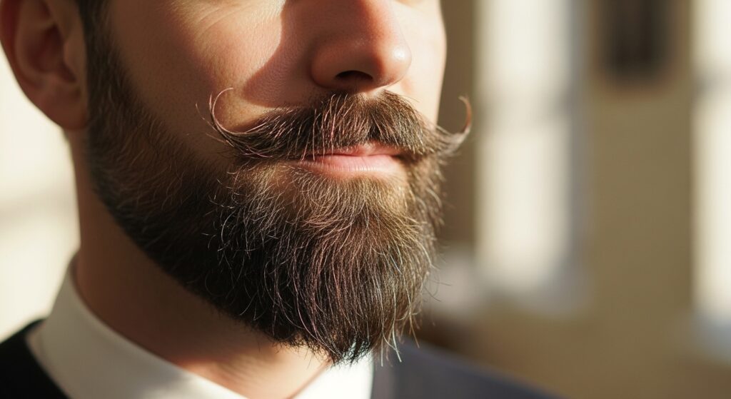 A close-up of a man's classic Van Dyke facial hair