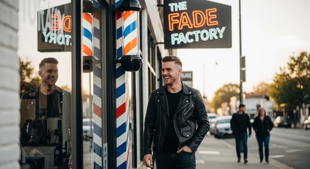 "guy leaving barbershop after skin fade haircut"