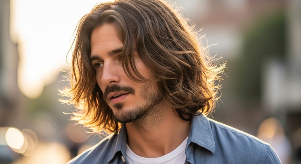 Long layered hairstyle for diamond face shape man.