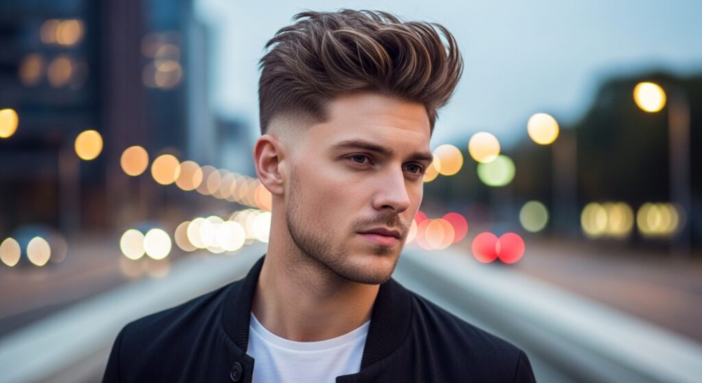 Low fade textured haircut for oval face men.