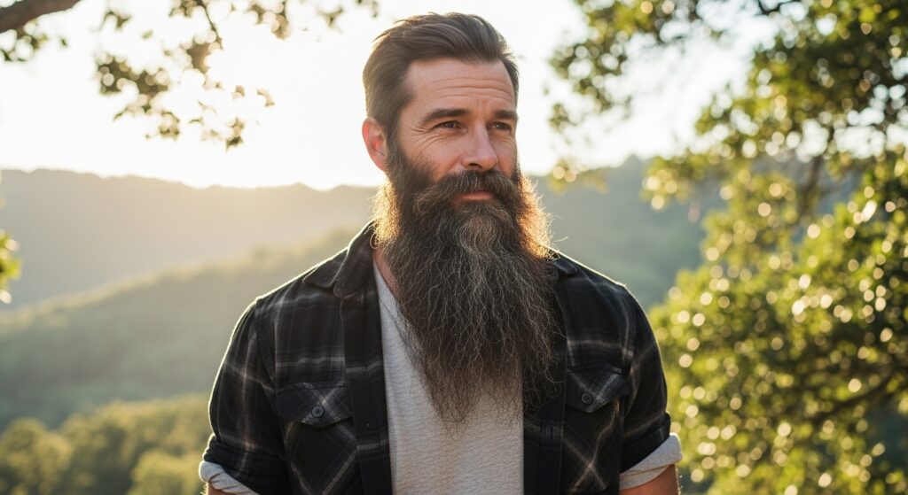  Man with a natural free-flowing long beard showing minimal grooming.