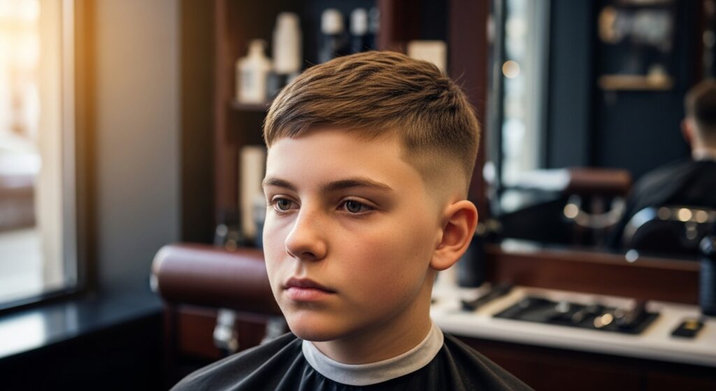 A person sitting in a barbershop with a fresh and neat French crop haircut