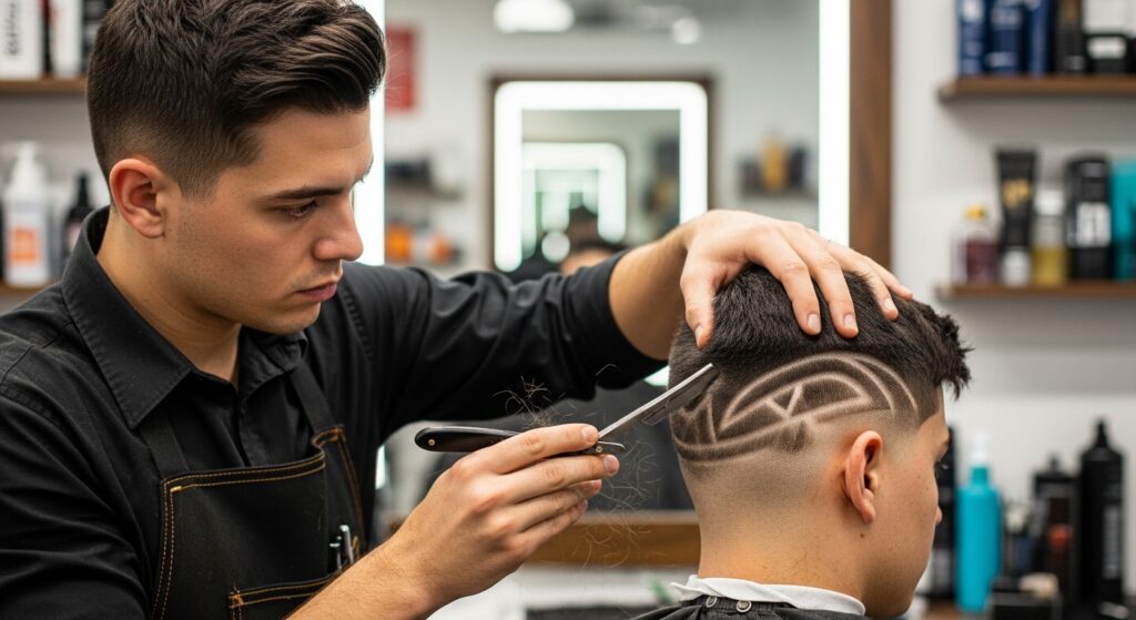  "Barber creating hair design in fade haircut"