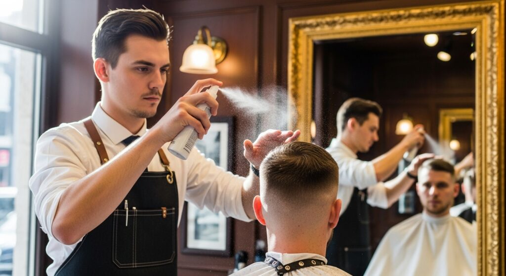 Barber styling french crop haircut with texturizing powder