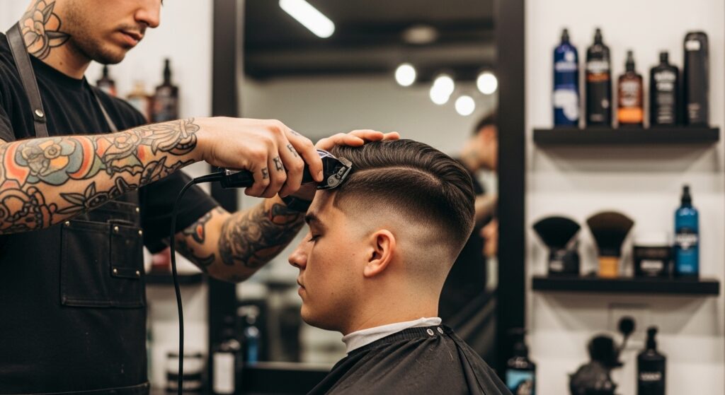 "Barber blending fade haircut with clipper guard"