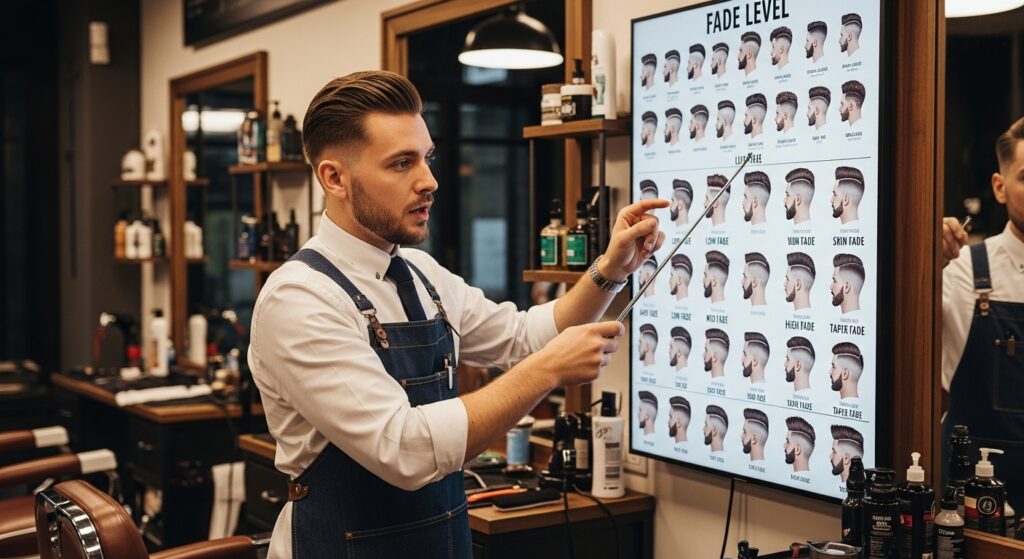 "diagram showing low, mid, and high skin fade haircut styles"